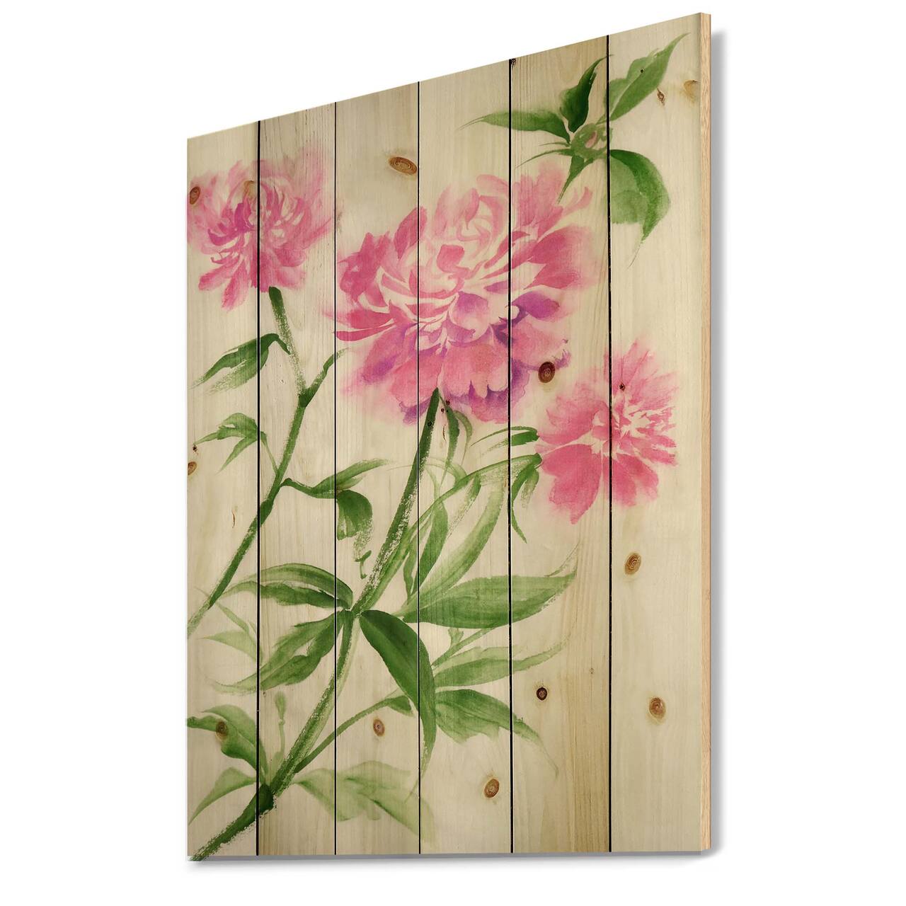Designart - Purple Peonies Bush II - Traditional Print on Natural Pine Wood